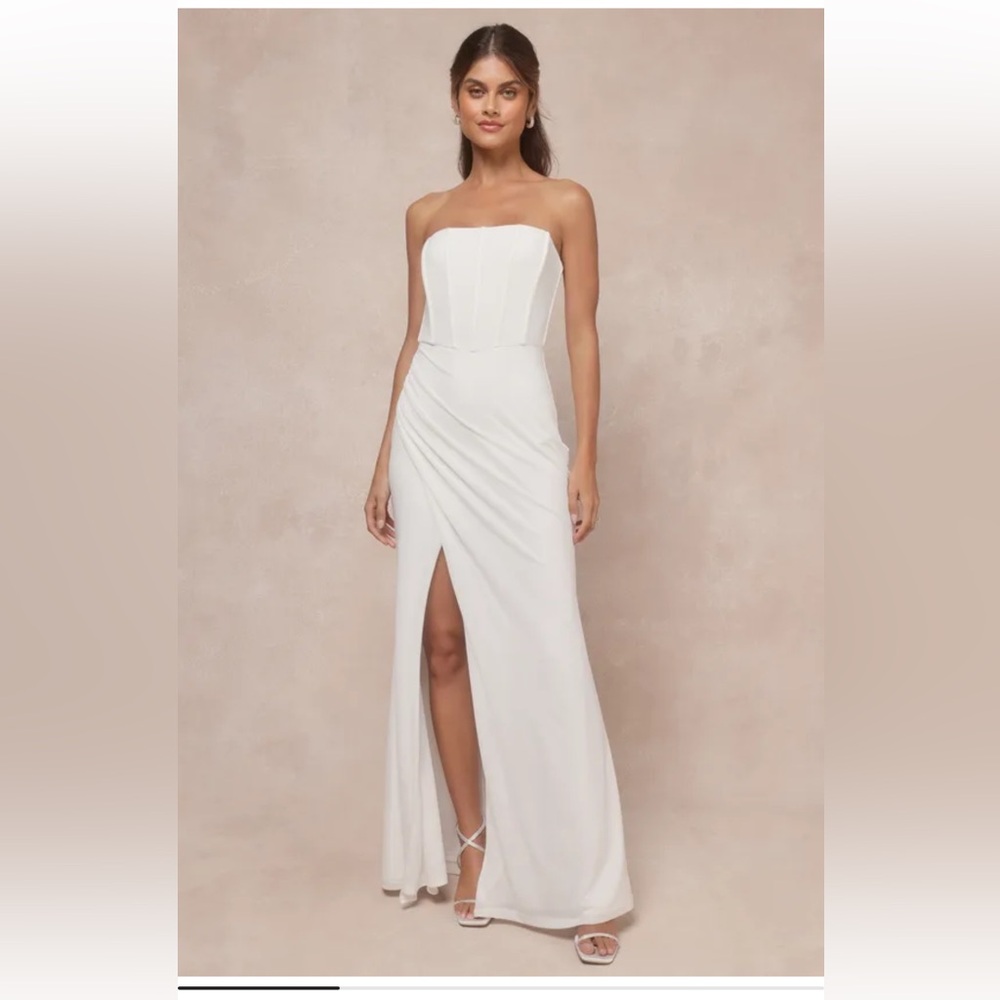 Strapless White Evening Gown with Front Slit - Picture 2 of 13
